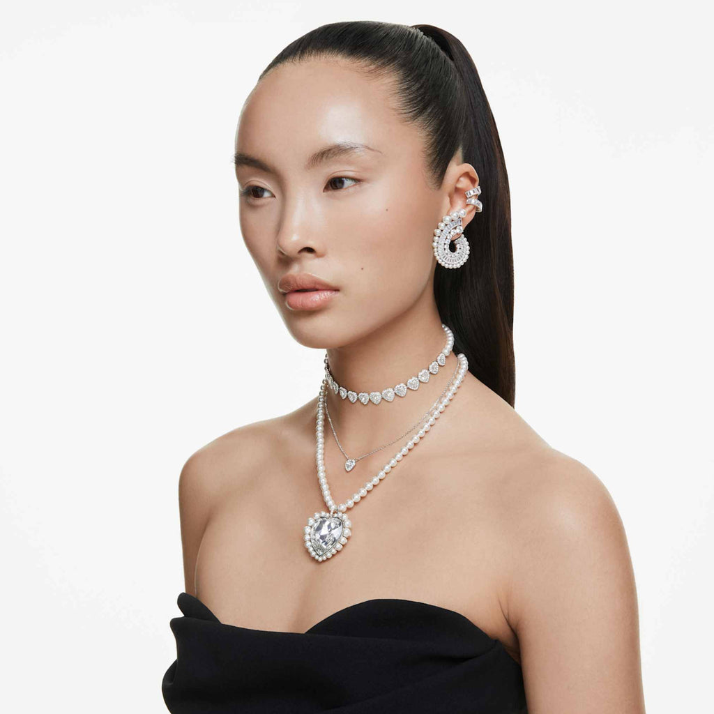 Ariana Grande x Swarovski choker Mixed cuts, Crystal pearl, Heart, White, Rhodium plated