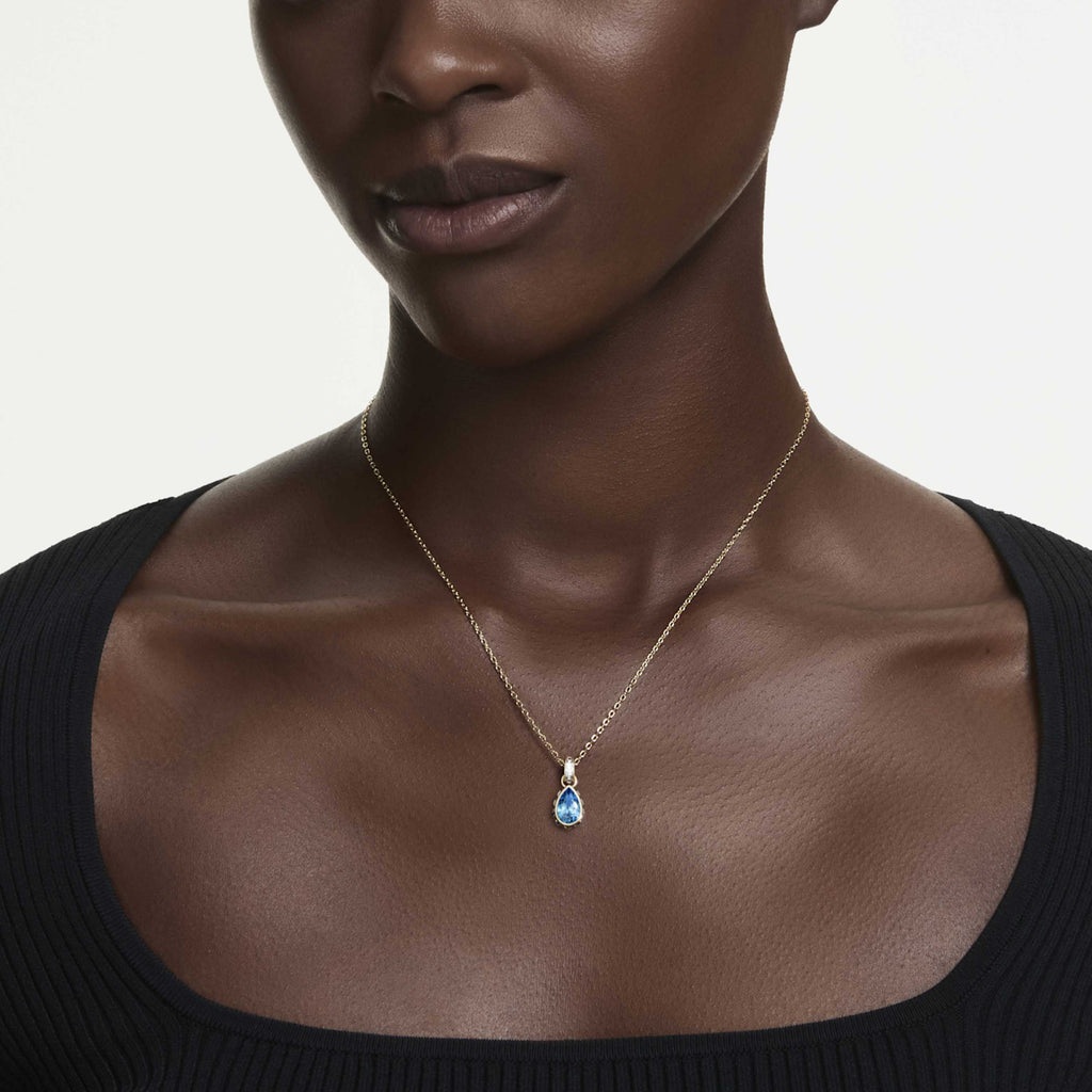 Swarovski Chroma pendant Pear cut, Blue, 18K gold finish
