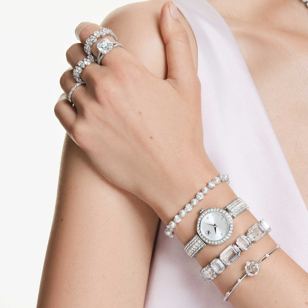 Swarovski Constella bangle Round cut, Dancing stone, White, Rhodium plated