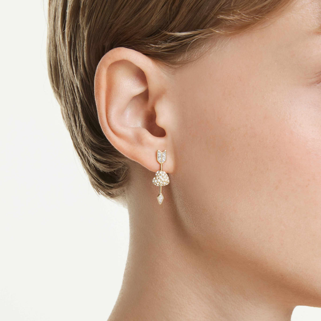 Swarovski Idyllia drop earrings Mixed cuts, Heart with arrow, White, 18K gold finish