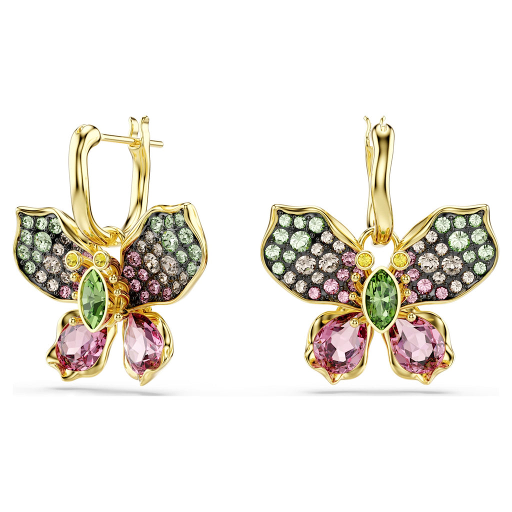 Swarovski Idyllia drop earrings Mixed cuts, Pavé, Butterfly, Multicolored, 18K gold finish