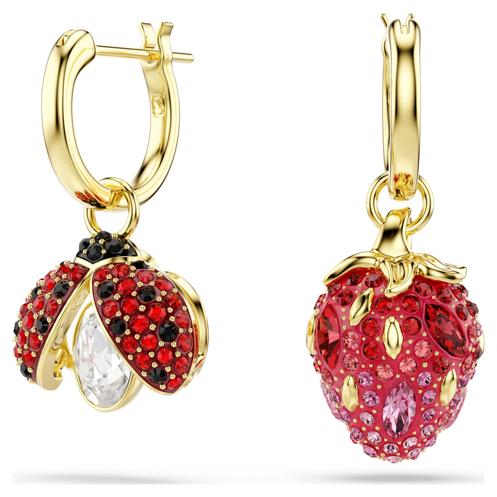 Swarovski Idyllia drop earrings Set (3), Ladybug, Clover, Strawberry, Multicolored, 18K gold finish