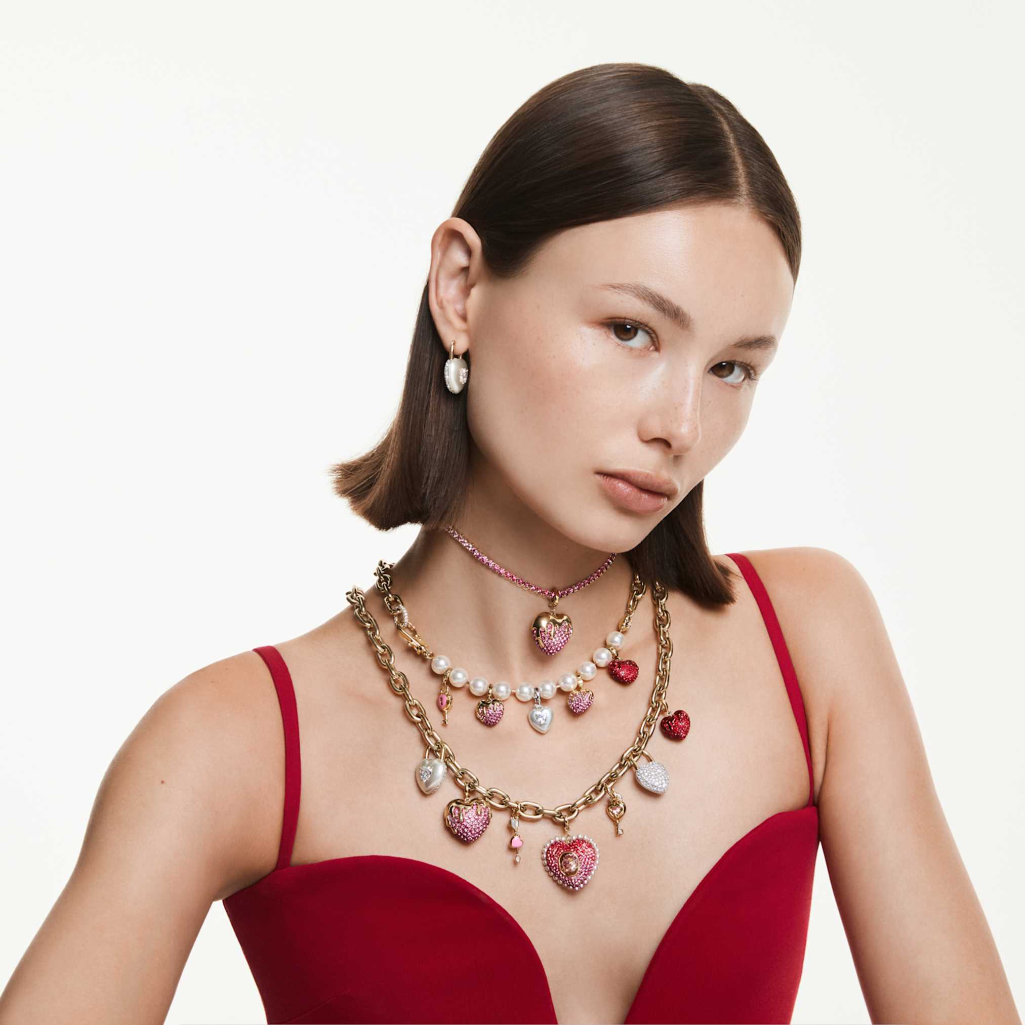 Swarovski Idyllia necklace Mixed cuts, Heart, Key, Multicolored, 18K gold finish