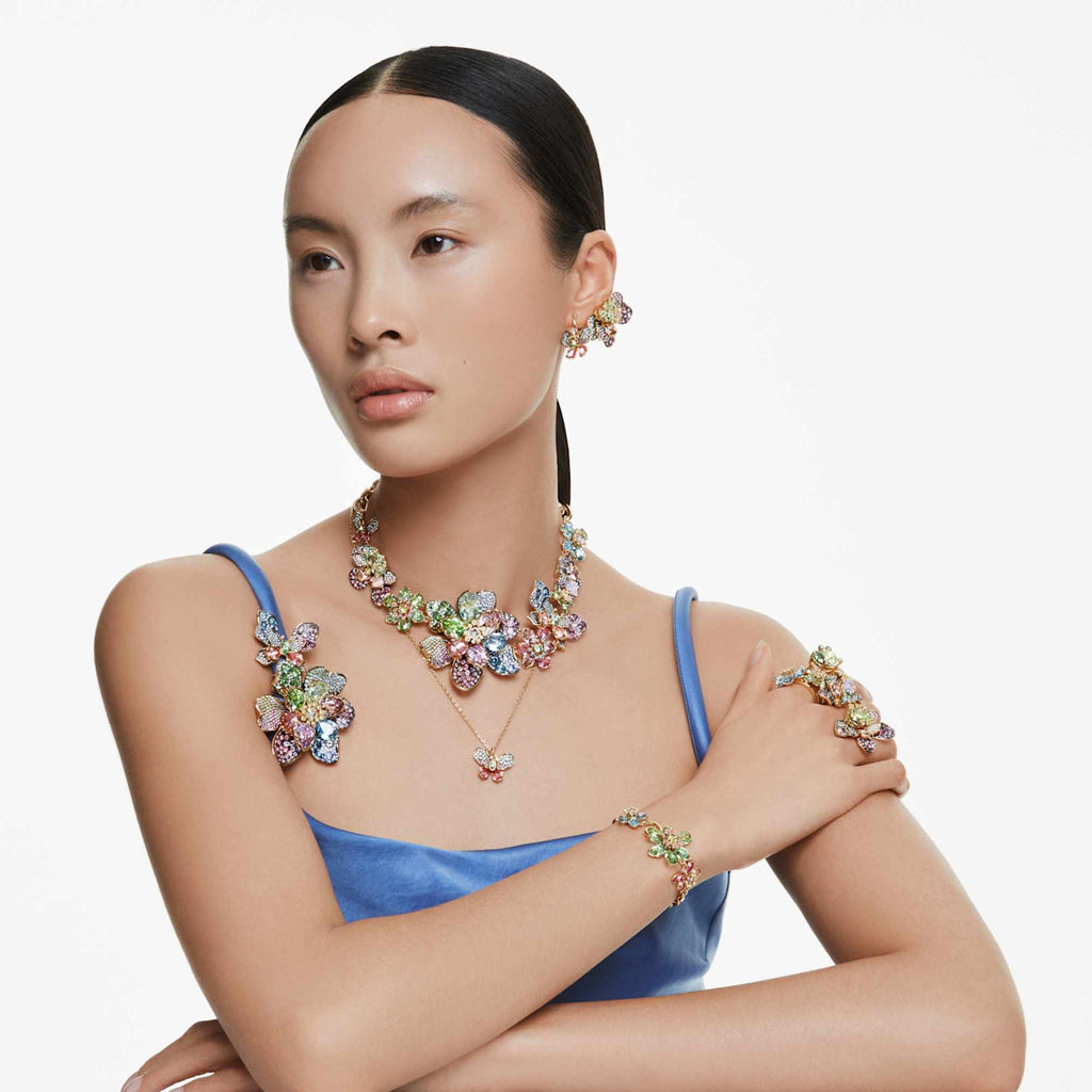 Swarovski Idyllia open ring Mixed cuts, Flower, Green, 18K gold finish
