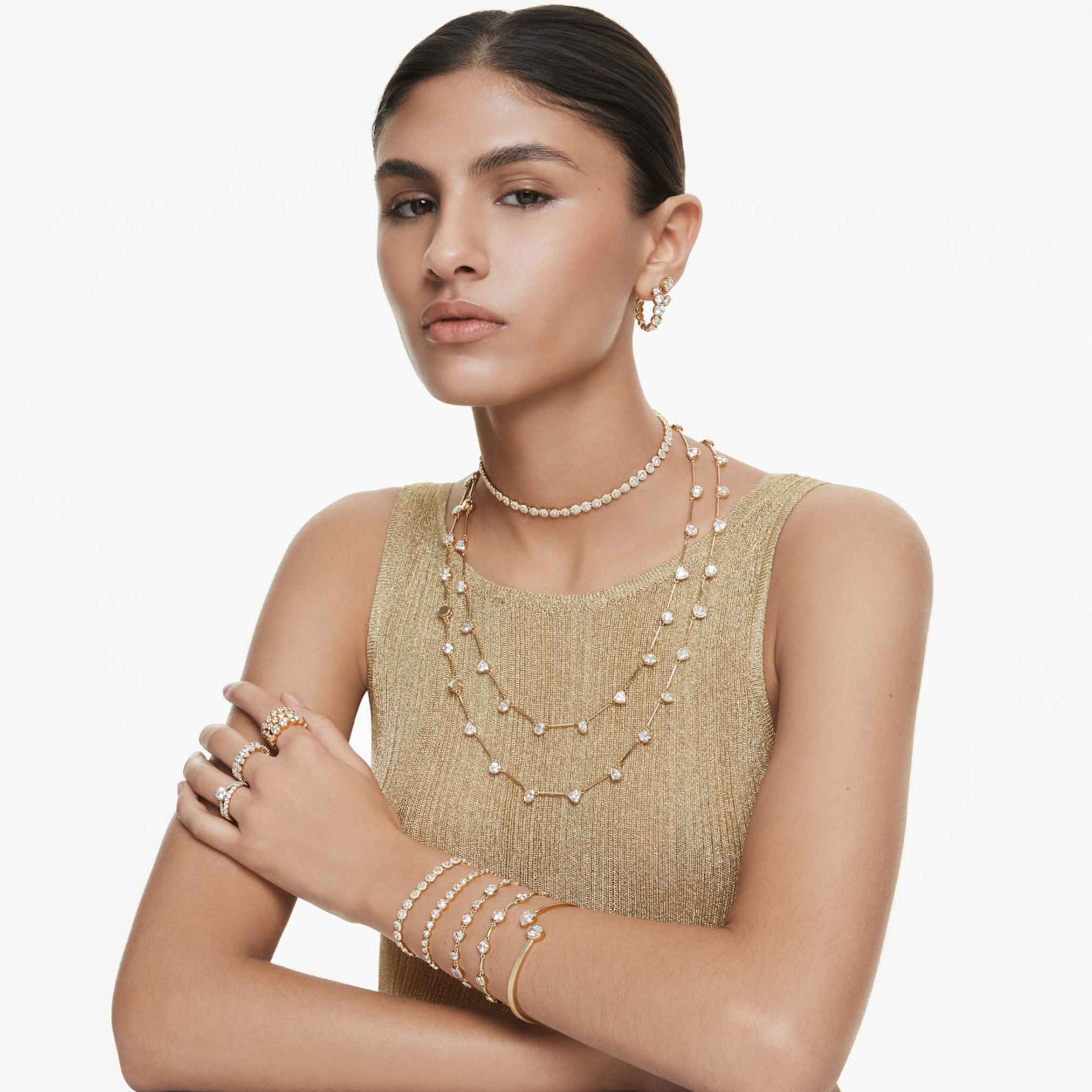 Swarovski Imber earring jackets Asymmetrical design, Mixed cuts, White, 18K gold finish
