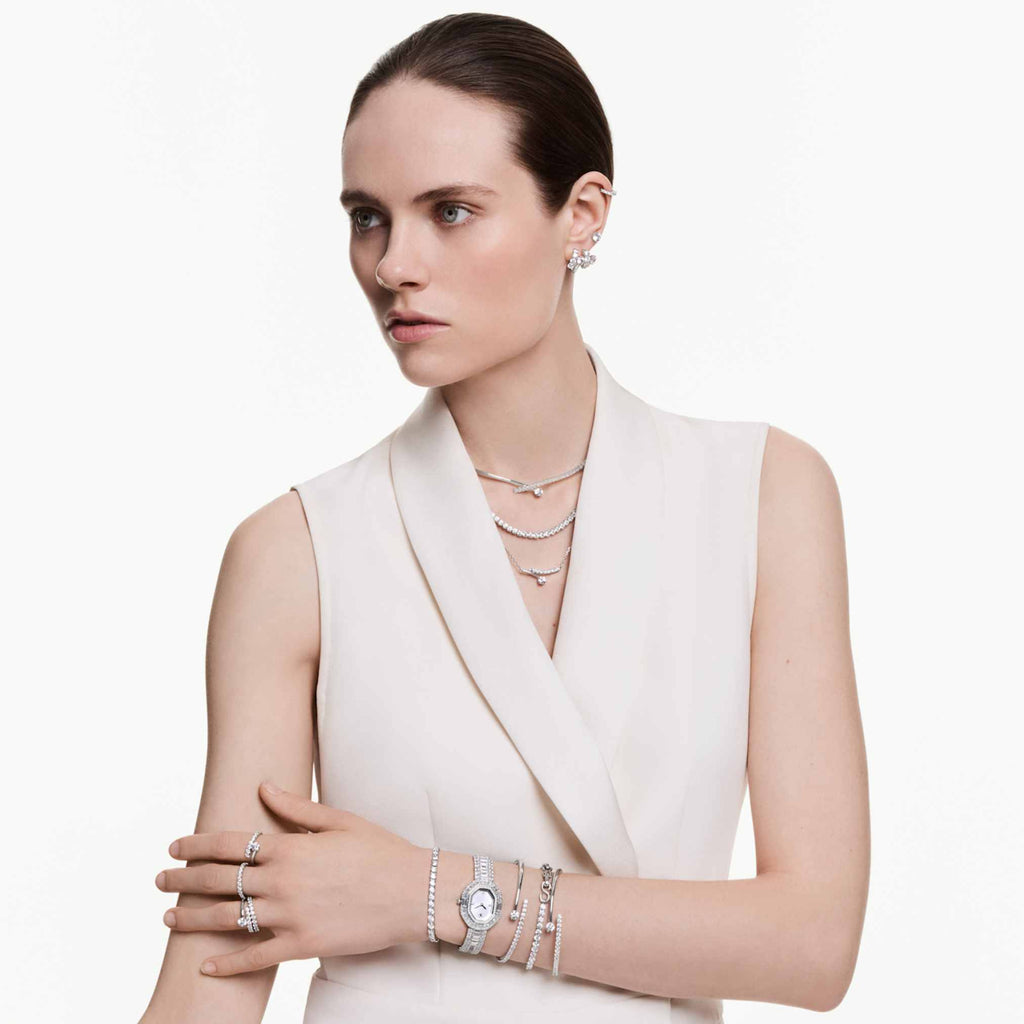 Swarovski Matrix hoop earrings Round cut, White, Rhodium plated