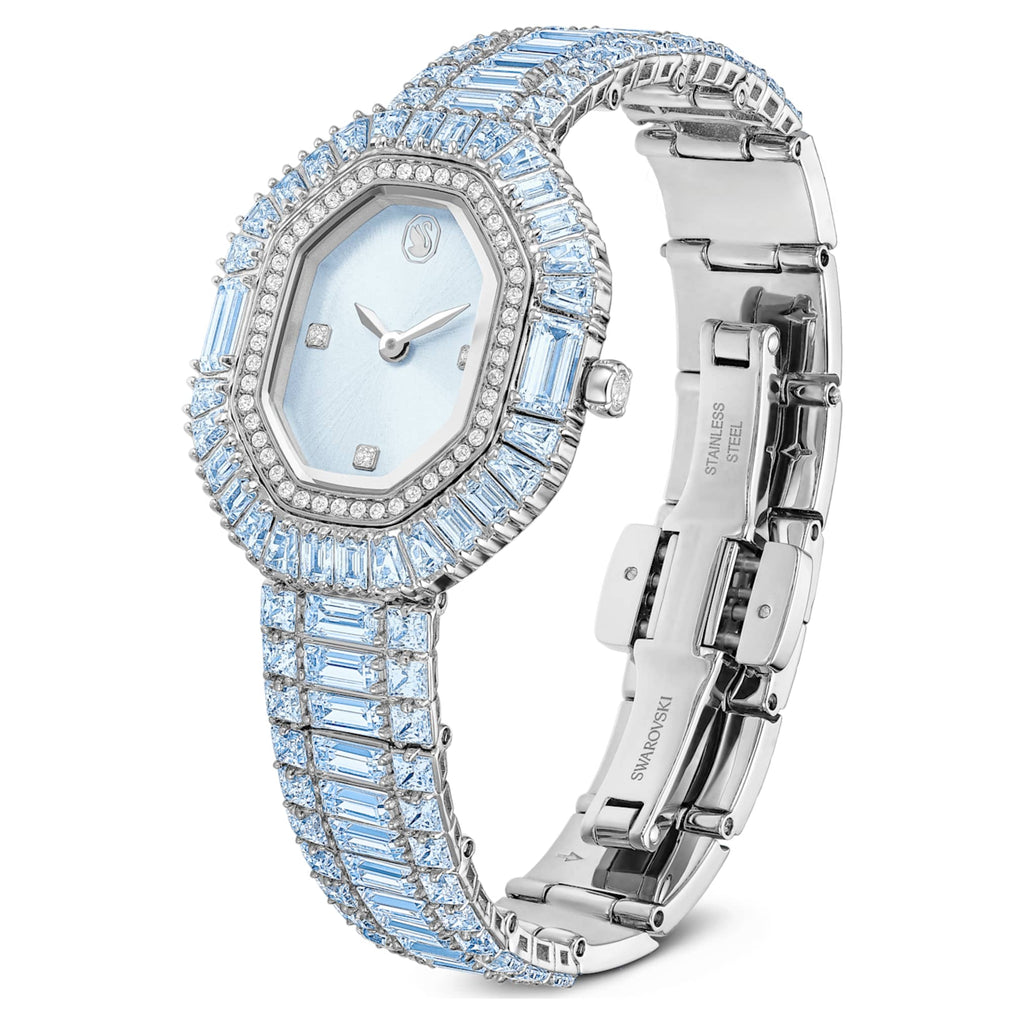 Swarovski Matrix octagon watch Baguette cut, Metal bracelet, Blue, Stainless steel