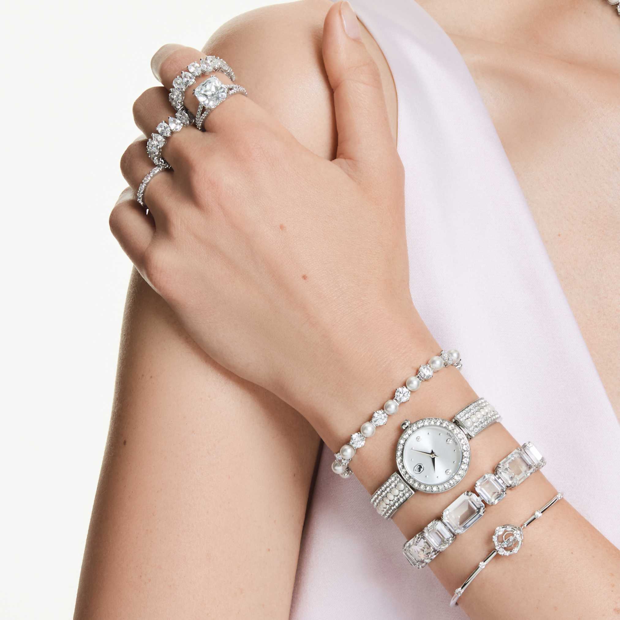 Swarovski Matrix Tennis bracelet Crystal pearl, Round cut, White, Rhodium plated