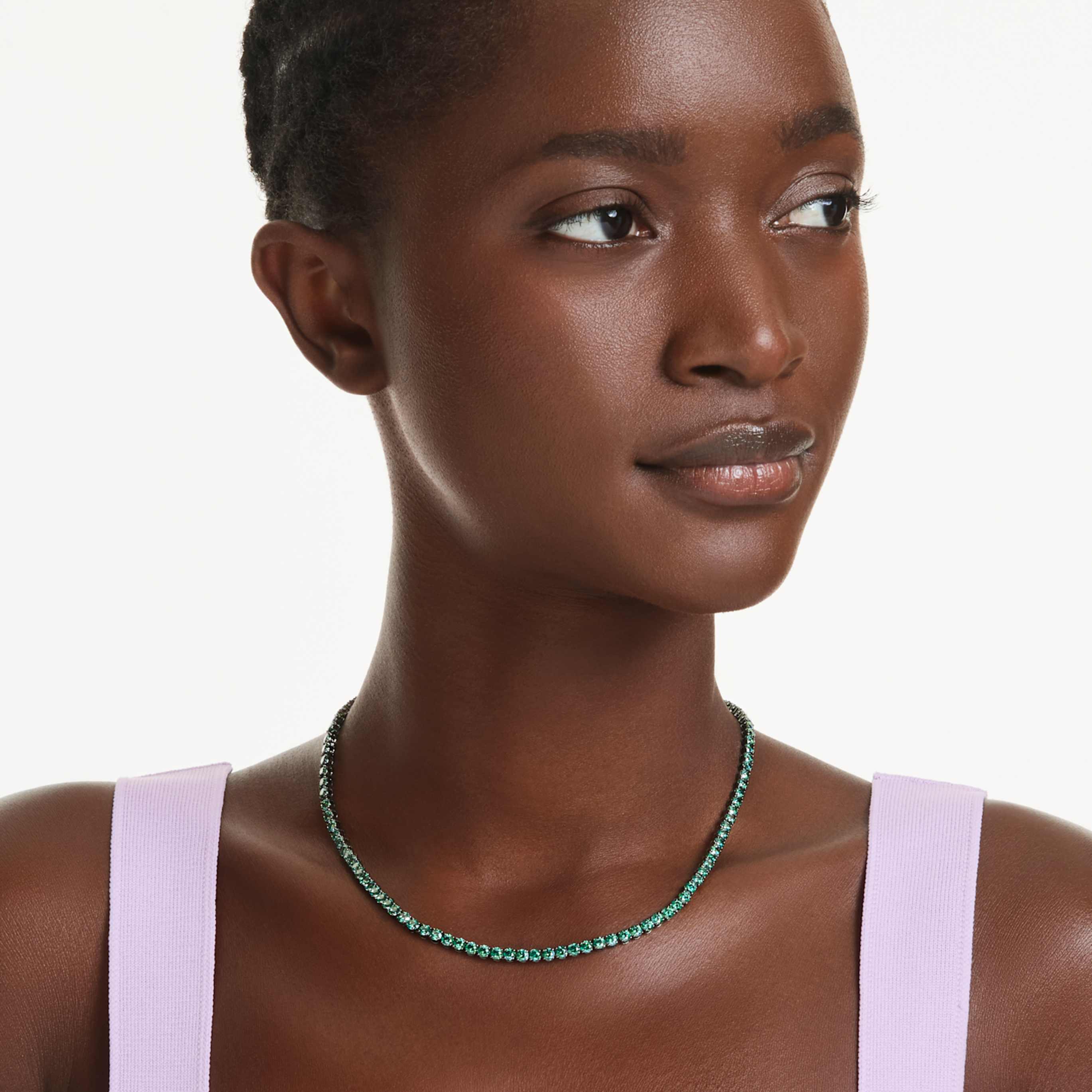Swarovski Matrix Tennis necklace Round cut, Green, Ruthenium plated