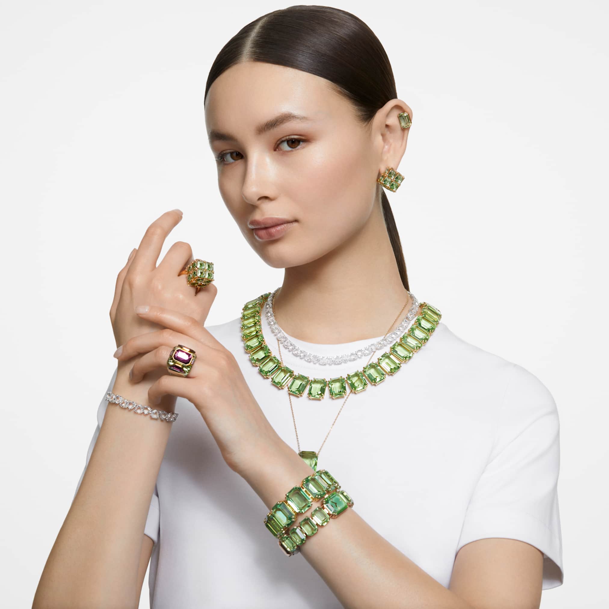 Swarovski Millenia necklace Oversized crystals, Octagon cut, Green, 18K gold finish