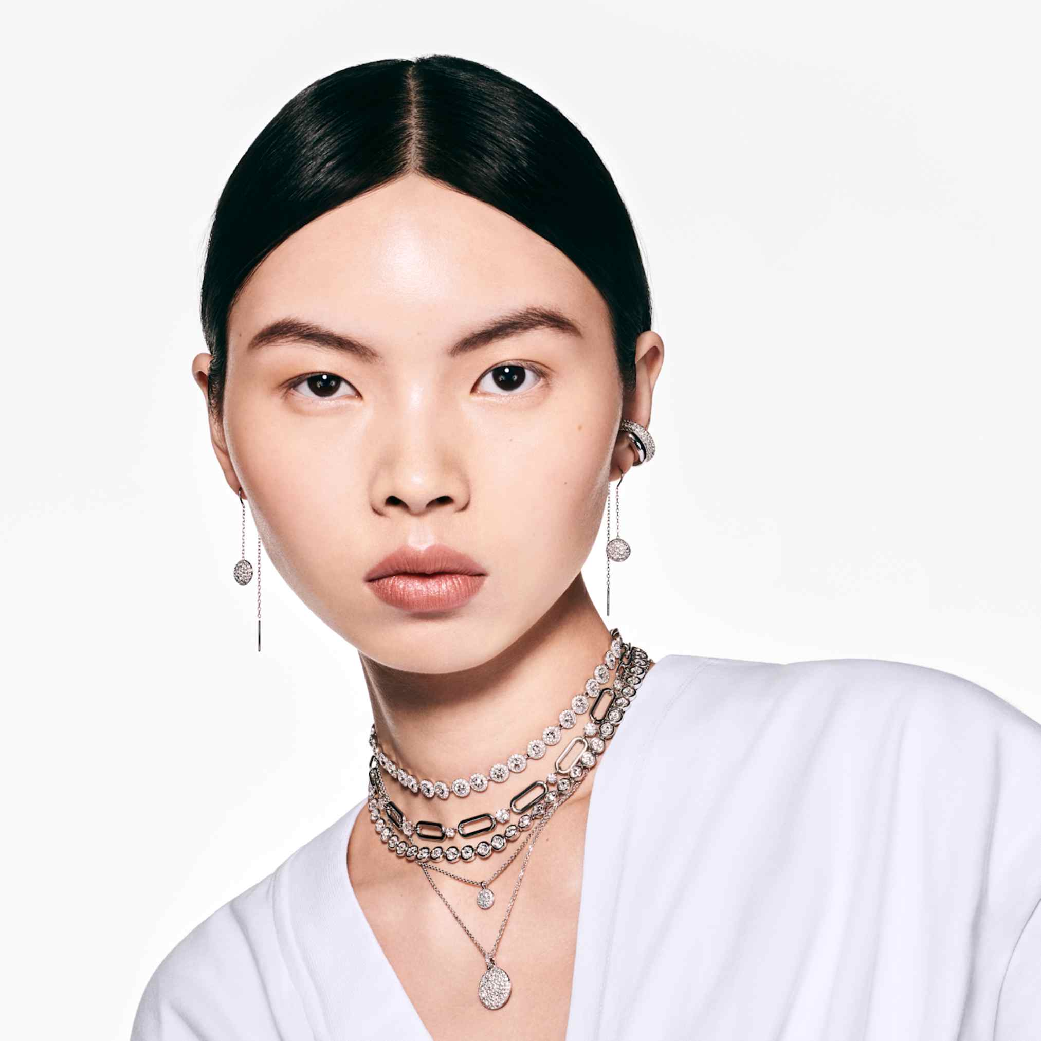 Swarovski Sublima layered pendant White, Rhodium plated